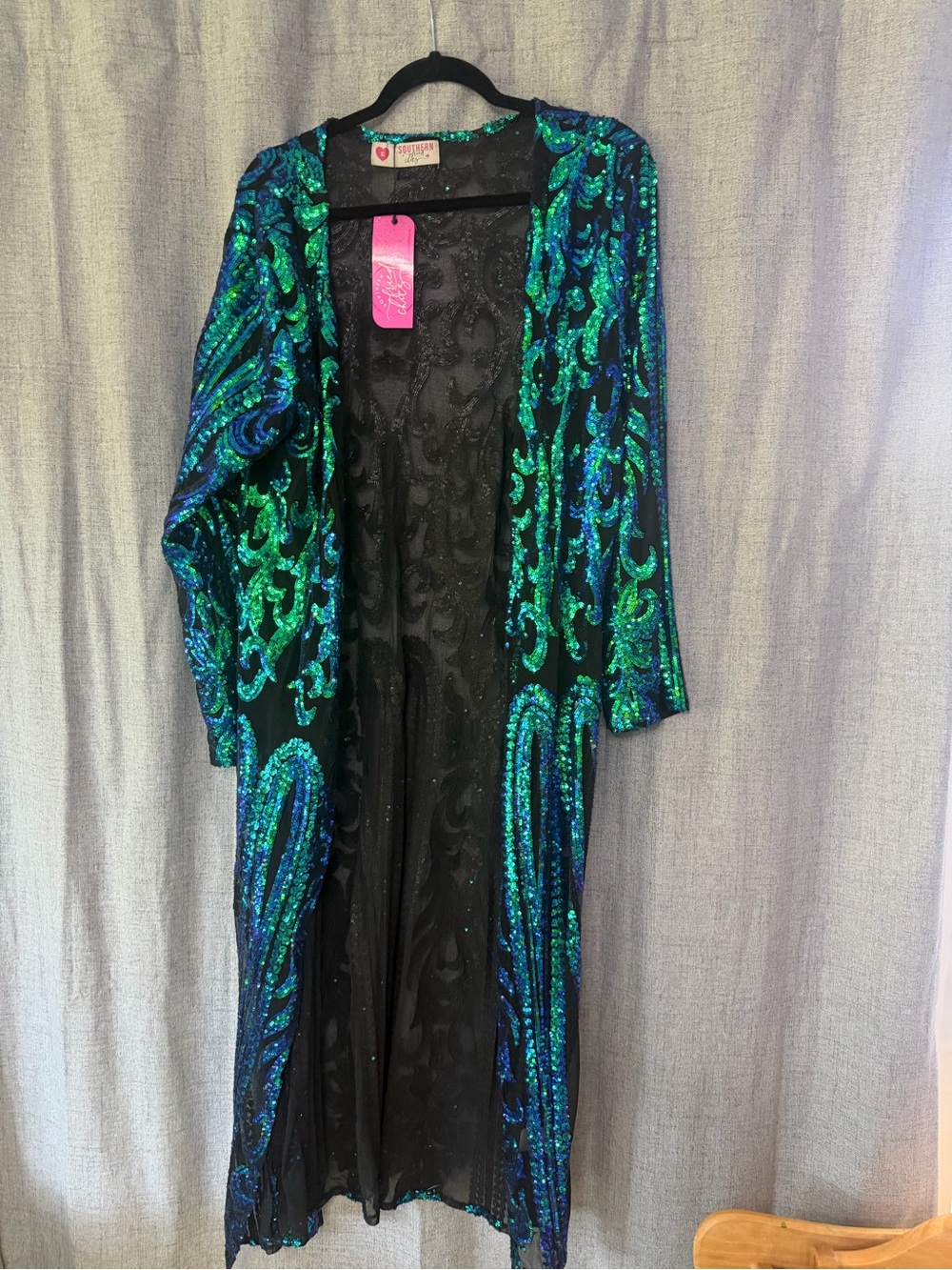 Sequined Open-Front Long Jacket in Blue-Green